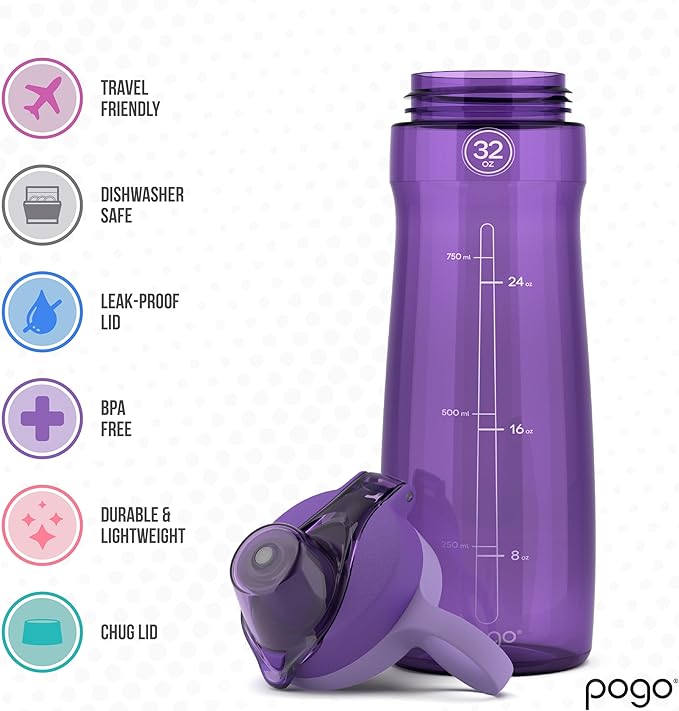 Pogo BPA-Free Plastic Water Bottle with Chug Lid, Purple, 32 oz.
