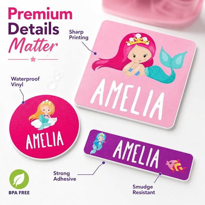 Andaz Press Mermaid 120-Pack Custom Personalized Waterproof School Name Labels, Kids Labels Combo Pack, Customizable Multi-Use Name Stickers