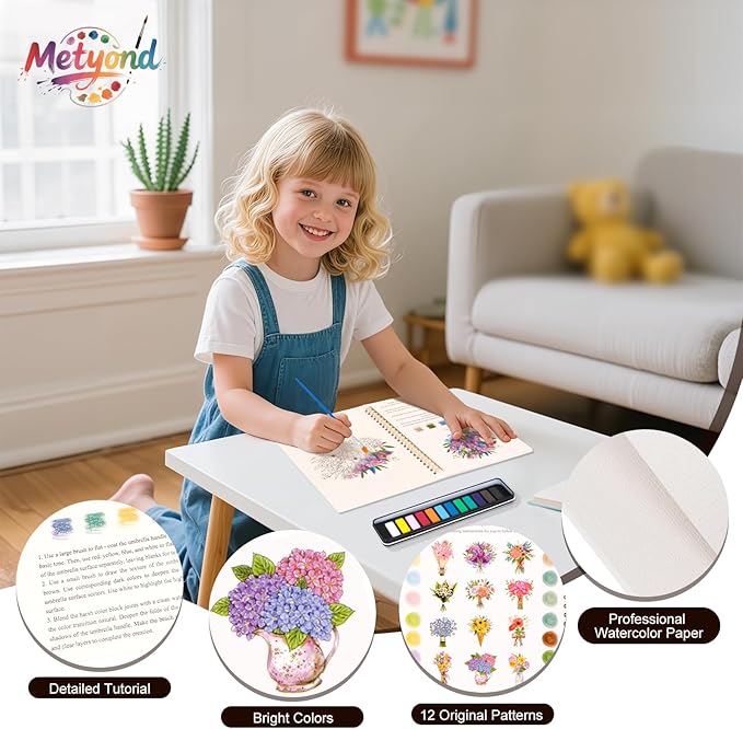 Metyond Watercolor Workbook - Watercolor Coloring Book with 1 Workbook 12 Colors Paint Set with Brush, Beginner Friendly Watercolor Workbooks Set Gift for Adults Teens (Bouquet)