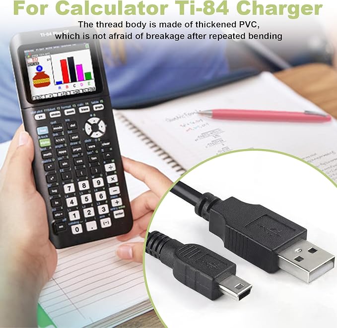 TI-84 Plus CE Calculator Charger: TI 84 Nspire Charging Cable - TI84 Graphing Calculator Charger Cord for Texas Instruments C Silver Edition Ti-nspire CX CAS II C TI-83 TI-85 TI-89 Data Cable (5ft)