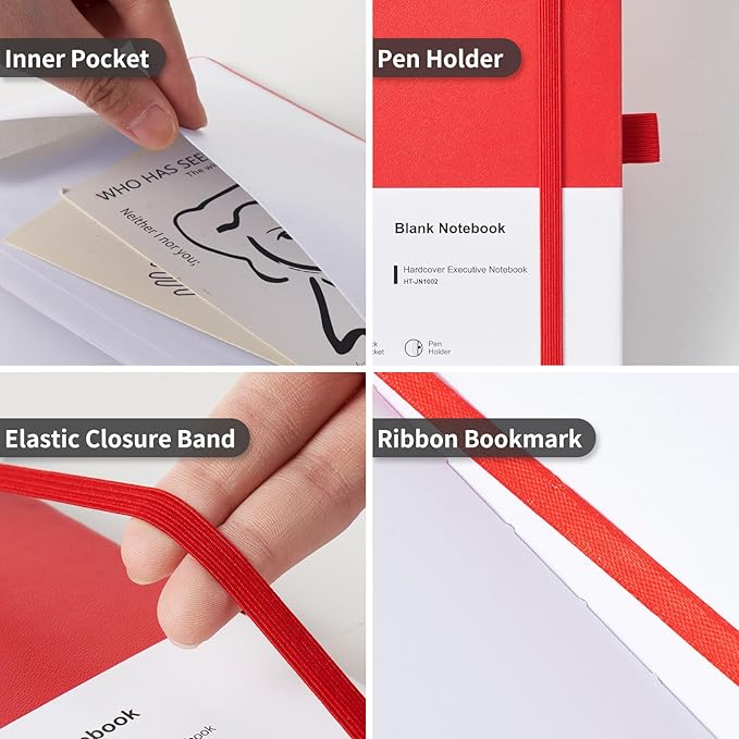 Heture Hardcover Notebooks, A5 Blank Notebook for Writing 160 Pages, 8.2 x 5.5 inch, Classic Blank Notebooks for College/Work/Travel(Blanked-3 Pack, Red)