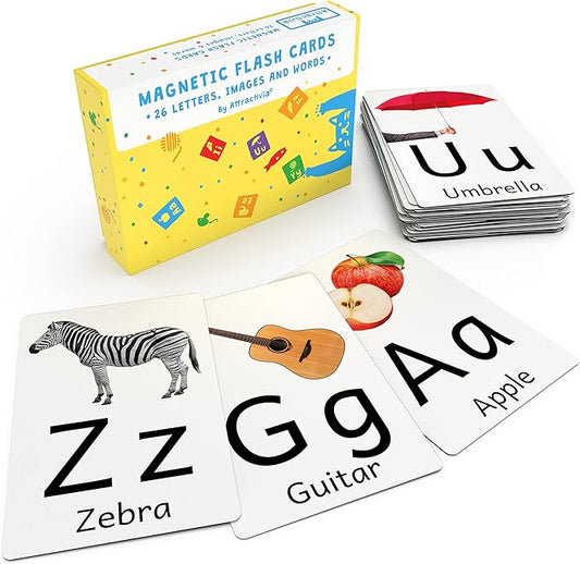 Attractivia Magnetic Big Alphabet ABC Picture Flash Cards. 26 Sturdy Large Letters with First Words for Toddlers, Preschool and Kindergarten