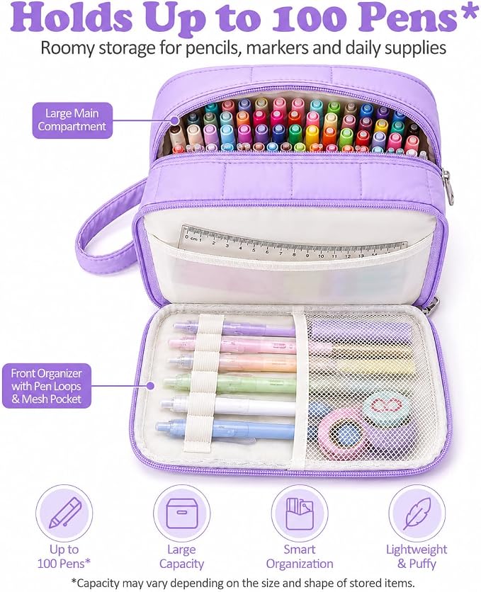 Puffer Quilted Pencil Pouch for Women, Large Capacity Organizer Bag with Multiple Compartments, Cute Aesthetic Pencil Case for Office, Travel & Daily Essentials (purple)
