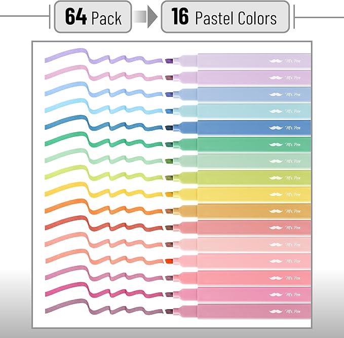 Mr. Pen- Aesthetic Highlighters No Bleed Bulk, 64 Pack, Pastel Color, Chisel Tip, Cute Highlighters Assorted Colors for Journaling, Highlighting, Underlining, Fast Dry, Back to School Supplies