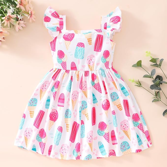 Popshion Girls Dresses Flutter Sleeve Swing Sundress Toddler Summer Clothes Kid Birthday Party Sleeveless Dress 1-8 Years Old