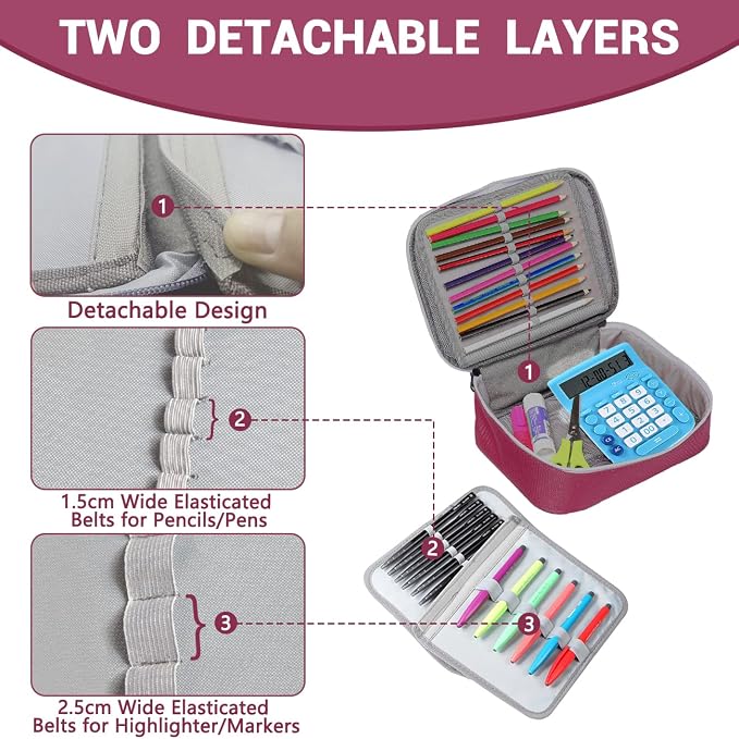 VASCHY Large Pencil Case, Art Color Pencils Pouch with Detachable Layers Multiple Zip Pockets for School Office Stationary Organization Burgundy