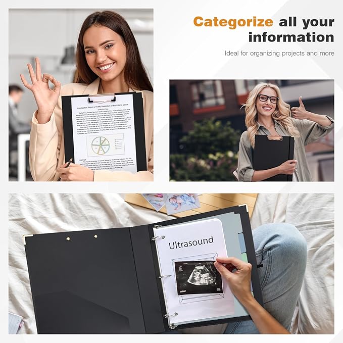 Ospelelf 3 Ring Binder, 1.5 Inch, Cute Letter Size (11" x 8.5") with 5 Tab Dividers, File Folder Labels and Low Profile Clipboards, Black Binder for School and Office Supplies