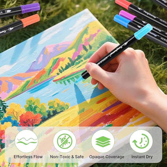 Tongfushop 72 Colors Acrylic Paint Markers, Dual Tip Acrylic Paint Pens with Brush Tip & Fine Tip, Wood Markers for Rock Painting, Wood, Canvas, Stone, Glass, Ceramic, DIY Crafts, Art Supplies