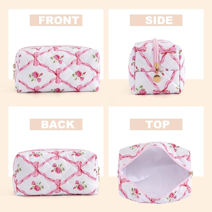 Makeup Bag Travel Toiletry Bag for Women, Small Cosmetic Bags Cute Quilted Cotton Makeup Pouch for Purse Emergency Bag Floral Pencil Case Accessory Bag, Bow and Floral