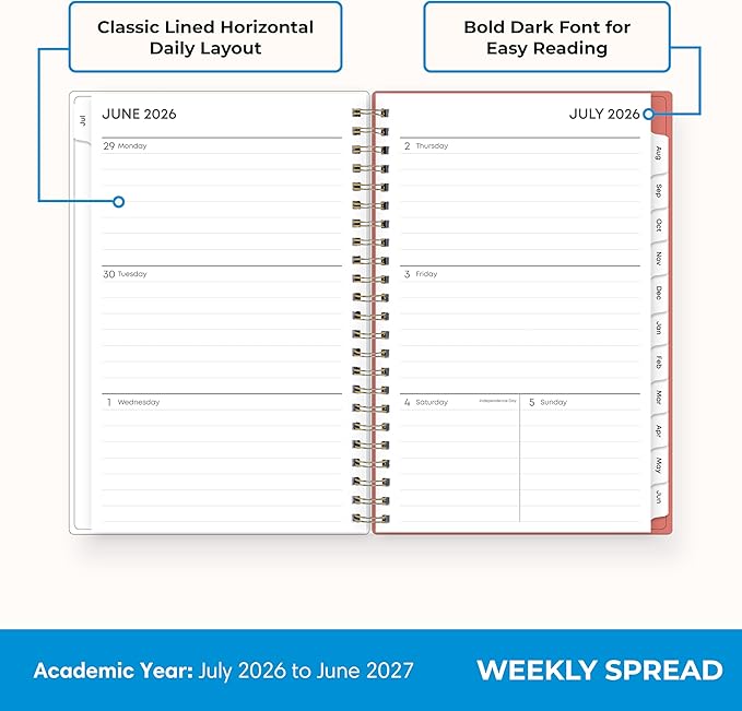Blue Sky 2026-2027 Weekly and Monthly Academic Year Planner Calendar, July 2026 - June 2027, 5" x 8", Clear Pocket Cover, Wirebound, Laminated Tabs, Cali Pink