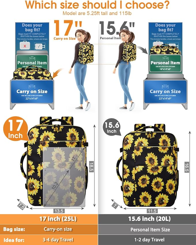 Capolo Travel Backpack for Women Men Waterproof Laptop Backpack Airlines Approved Carry On Backpack Bag Computer Bookbag for Business, Work, Traveling Fits 17 Inch Laptop(Sunflower)