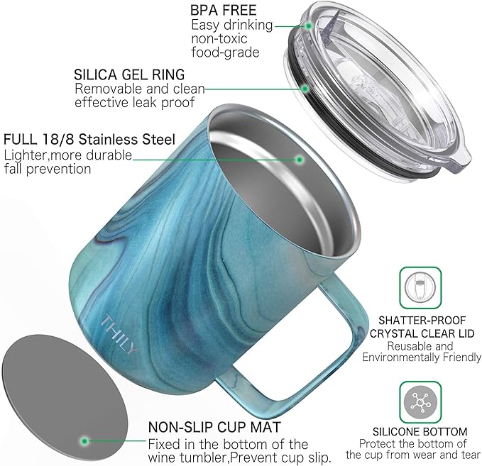 THILY Vacuum Insulated Travel Coffee Mug 12 oz Triple-Insulated Stainless Steel Coffee Cup with Handle, Spill-Proof Lid, Lightweight, Keeps Drinks Hot for Hours, Blue Swirl
