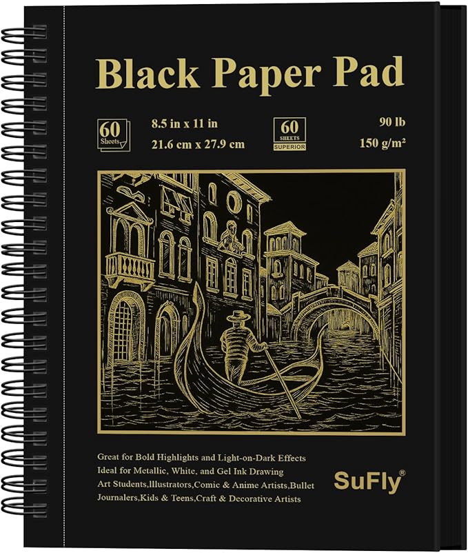 SuFly Black Paper Sketch Pad, 60 Sheets Spiral Sketch Book 8.5 x 11, 90lb/150gsm Black Paper Notebook for Colored Pencil, Oil Pastels, Chalk, Charcoal | Sketch Pads for Adults & Art Supplies.
