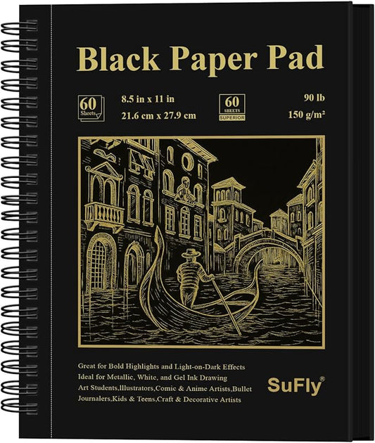 SuFly Black Paper Sketch Pad, 60 Sheets Spiral Sketch Book 8.5 x 11, 90lb/150gsm Black Paper Notebook for Colored Pencil, Oil Pastels, Chalk, Charcoal | Sketch Pads for Adults & Art Supplies.