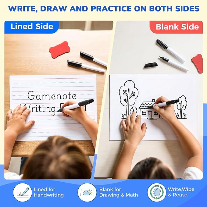 GAMENOTE White Board Dry Erase, Small Magnetic Lined White Board Set, Double Sided Magnet Ruled Lap Boards Whiteboard for Kids and Student Learning, 9x12 Inches (Pack of 12)