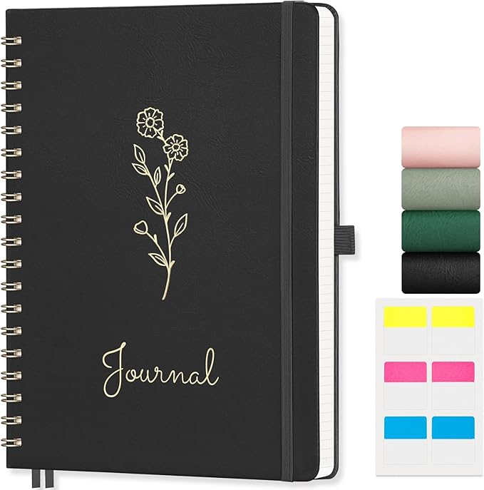 EMSHOI Dotted Journal Spiral Notebook, 140 Pages, B5 Large 7.48"x10.15", PU Leather Hardcover, 100 GSM Thick Paper, 5mm Dot Grid Notebook for Journaling, Planning, Drawing, Writing, Black