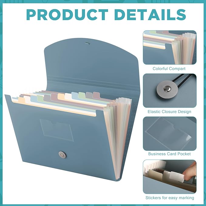 Cholemy Expanding File Folder 13 Pockets File Organizer with Labels A4 Letter Size Receipt Document Organizer Plastic Expandable Filing Folders for Office, Home(Blue)