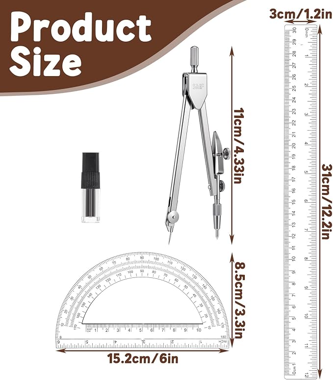 3Pcs Clear Protractor and Compass Set, Plastic Ruler, 12" Plastic Ruler with 180 Degree Protractor and Stainless Steel Compass Geometry Tool for Students, Office Use