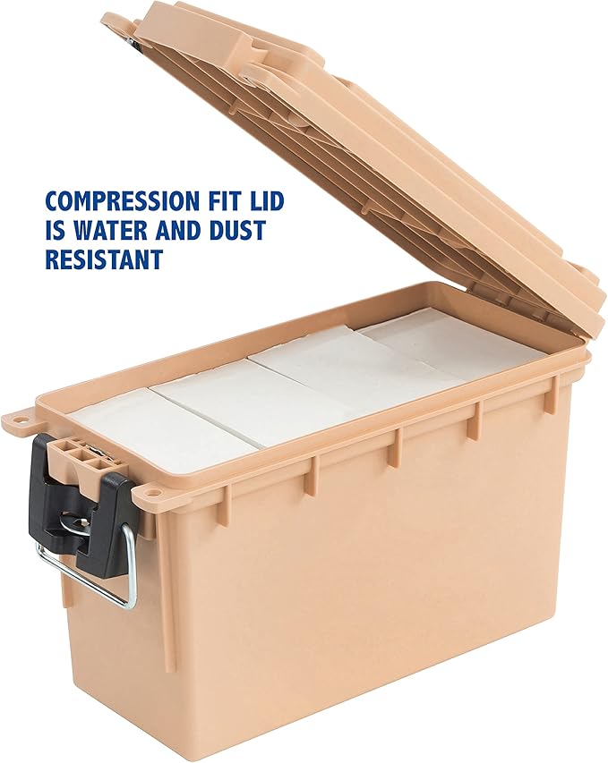 Sheffield 12627 Ammo Storage Box, Stackable .30 Cal Field Boxes, Water and Dust Resistant, Lockable Storage Box with Handle, Secures Hunting Gear, Supplies, and Bullets, Made in USA, Tan, (Pack of 6)