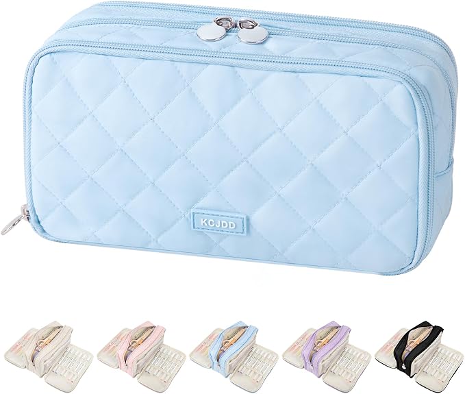 Cute Pencil Case for Girls kids Soft Quilted Pencil Pouch Bag Organizer | With 3 Compartments,Big Capacity Marker Crayon Storage Bag Large Double Zipper Art Bag For Kids School College Boys Women