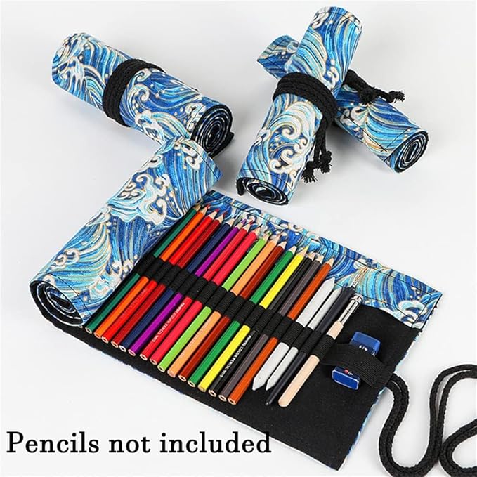 DIYOMR 24/36/72 Slots Pencil Wrap Pencil Rolls, Artist Colored Pencils Roll Up Bag Short Brushes Pouch Case Pencils Organizer for Drawing Coloring and Sketching (Blue Ocean, 24slots)
