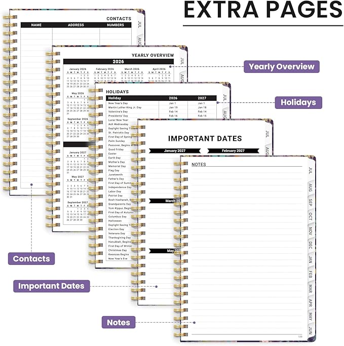 Planner 2026-2027, Monthly and Weekly Academic Planner July 2026 - June 2027, Hardcover Student Teacher Planning Agenda Calendar Book with Tabs, Perfect for Office School Supplies, A5 (6.3" x 8.5") - Lavendar Floral