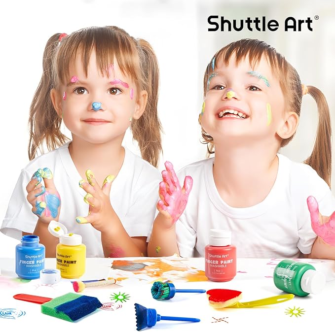 Shuttle Art Washable Finger Paint Set, 37 PCS with 10 Colors (2 fl oz) Non-Toxic Toddler Paint, Paint Brushes, Sponge, Smock, Toddler Art Supplies