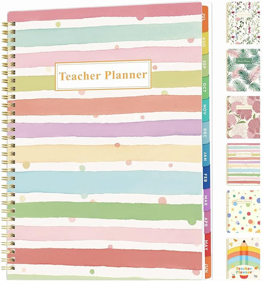 SUNEE Teacher Planner 2026-2027 Academic Year, 7 Periods Lesson Plan Book Jul 2026 - Jun 2027, 8.5"x11"Daily Weekly Monthly Organizers Horizontal Layout with Calendars, Bookmark, Tabs, Rainbow Stripes
