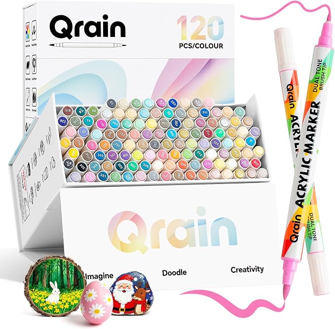 Qrain Acrylic Paint Markers Set, 120 Colors, Dual Tips (Brush & Fine), Water-Based Acrylic Markers for Rock, Wood, Glass, Fabric, Ceramics & DIY Crafts