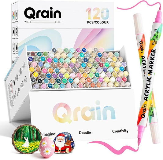 Qrain Acrylic Paint Markers Set, 120 Colors, Dual Tips (Brush & Fine), Water-Based Acrylic Markers for Rock, Wood, Glass, Fabric, Ceramics & DIY Crafts
