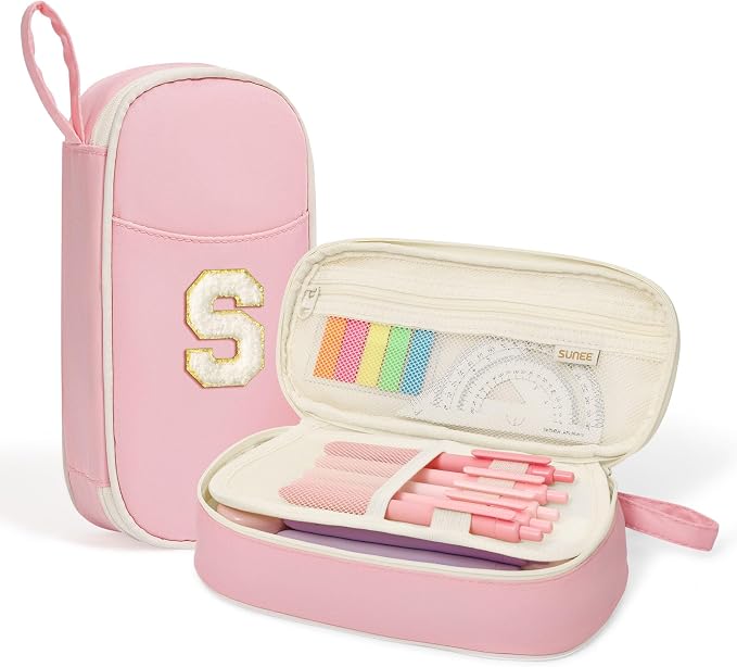 SUNEE Cute Pencil Case, Kawaii Big Capacity Pencil Pouch, Personalized Initial Pencil Bag with Zipper, Stationery Storage and Organizer, Back to School Supplies, Pen Box for Girls & Boys, Teen, S-Pink