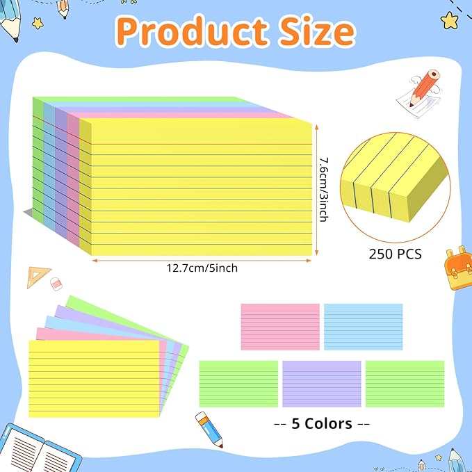Colored Index Cards 3 X 5, 250 Count, Flash Cards For Studying, Lined Flashcards Notecards, Study Card, Ruled Front And Blank Back, Heavy Note Cards For Office, Home And School