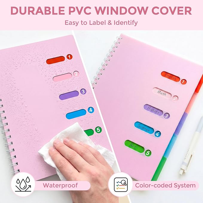 Subject Notebook Wide Ruled, 8.5x11inch Hardcover 5 Subject Lined Spiral Notebook with Dividers Tabs for School Women Journal Note Taking Office Supplies, 220 Pages, Pink