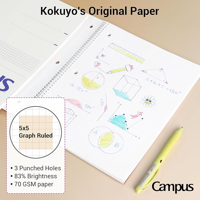 KOKUYO Spiral Notebook with 5x5 Graph Paper, 3 Pack Campus 10-1/2" x 8" Subject Notebooks, 80 Sheets, Light Pink Blue Off-White 3 Holes School Spiral Journal for Study Planner Drawing (WSG-SU-400G4×3) (Paper)