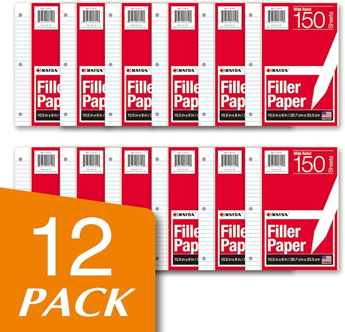 Kaisa loose Leaf Paper Filler Paper 1800 Sheets 8"x10.5",Wide Ruled, 3-Hole Punched for 3-Ring Binders, Carton of 12pack