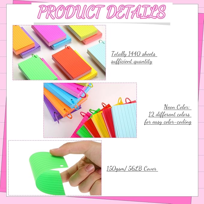 Ctosree 1440 Pcs Back to School Gifts Colored Index Cards with Binder Ring Ruled Flash Cards 12 Color Lined Note 56lb Cover for Studying Memory Office School(3 x 5 Inch,Neon Color)