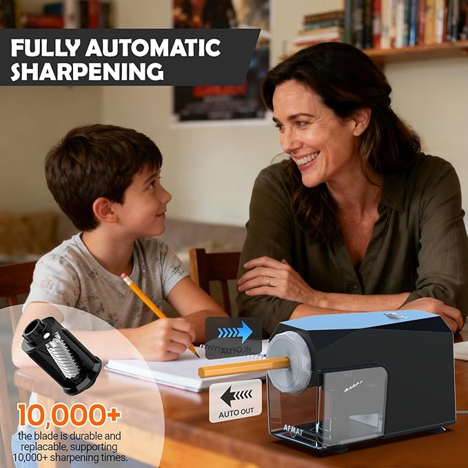 AFMAT Electric Pencil Sharpener, Fast & Hands-Free, 10K+ Uses, 5 Nibs, Fully Automatic Pencil Sharpener for Classroom, Heavy Duty Sharpeners for No.2/Jumbo/Colored Pencils (φ6.5-10.5mm) US Plug(120V)