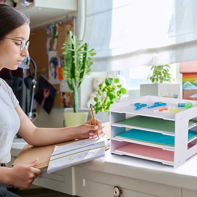 Juexica 4 Tier Scrapbook Paper Organizer 8.3 x 12.6 x 12.6 Inch Stackable Paper Storage Holder for Desk Desktop File Organizer for Home Office Classroom School