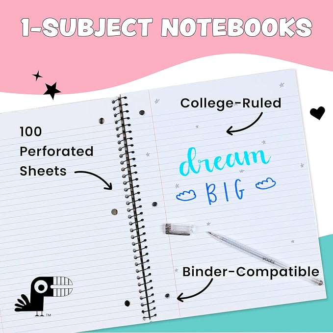 Yoobi College Ruled 8 x 10.5” Spiral Notebook Set – Bulk 6-Pack of 1 Subject Notebooks, Variety of Cute Designs – 100 Perforated 3-Hole Punched Sheets, For School, Office & Home