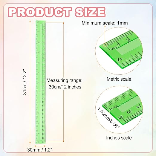 HARFINGTON 20pcs Plastic Rulers 12" (30cm) Clear Straight Ruler Measuring Tool Inches and Centimeters for Home Office Classrooms Drafting, Clear Green