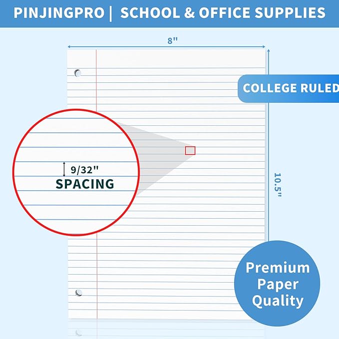130 Sheets Loose Leaf Paper College Ruled Notebook Paper 8 x 10.5 Inch 3-Hole Punched Lined Paper for Binders 8 x 10-1/2 Loose-leaf Paper, White 3 Ring Binder Paper Filler Paper for School Office Home