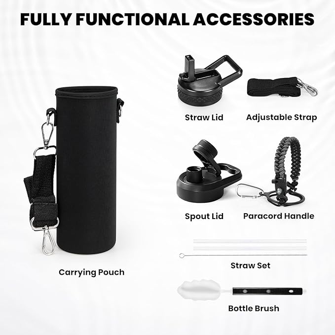 RAYMYLO Insulated Water Bottle 24oz, Triple Wall Vacuum Stainless Steel (Cold for 24Hrs, Hot for 12Hrs), Leak Proof & Non-BPA, 24oz Hydro Water Flask with Paracord Handle & Straw Spout Lids