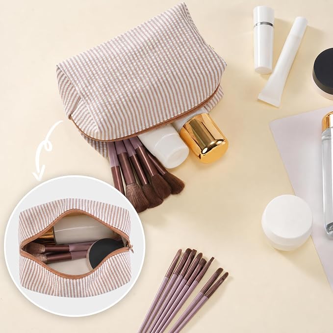 3PCS Makeup Bag Travel Toiletry Bag for Women, Small Cosmetic Bags Cute Brown Stripe Aesthetic Organizer Makeup Pouch for Purse Emergency Bag Pencil Case Accessory Bag