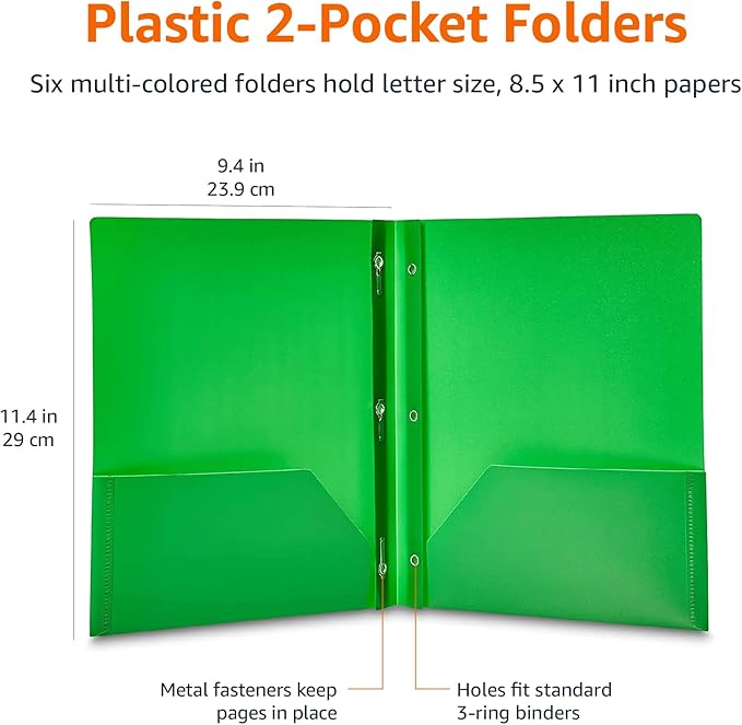 Amazon Basics Heavy Duty Plastic 2 Pocket Folder for Documents, Letter Size Paper, Assorted Colors, Pack of 144