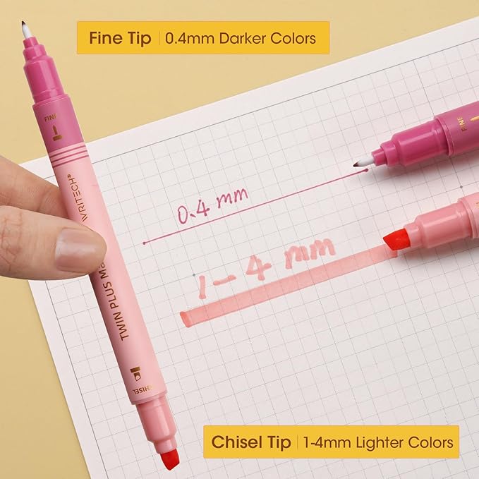 WRITECH Dual Tip Highlighter Markers: Aesthetic Fine & Chisel Tip Pastel Vintage Marker Multicolor Pens Pack No Bleed & Smear for Bible Highlighting Journaling, Assorted Colors 12ct