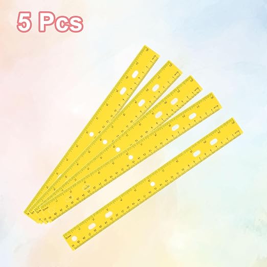 HARFINGTON 5pcs Plastic Rulers 12" (30cm) Clear Straight Ruler Measuring Tool Inches and Centimeters with Hole for Home Office Classrooms Drafting, Yellow