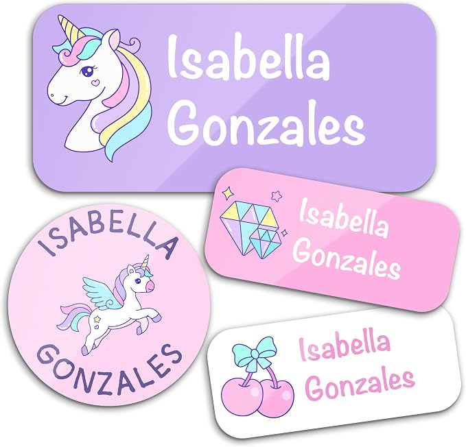 Personalized Waterproof Name Labels for Kids | Optional Packs 50, 150, 230 Labels | Custom Name Stickers for Kids' Clothing Tag, Water Bottle, Lunch Box, Customize Kid Name Label for Daycare Unicorn
