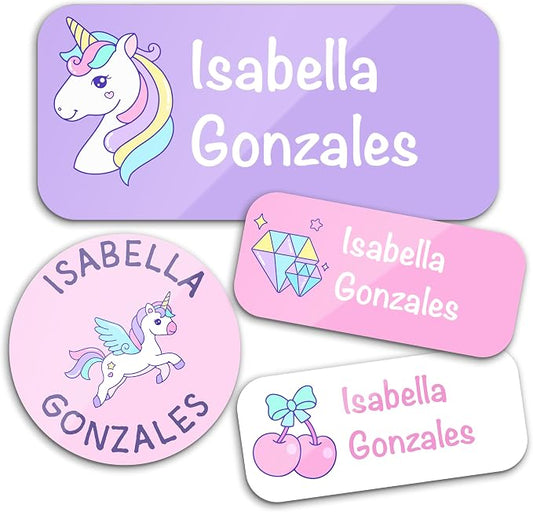 Personalized Waterproof Name Labels for Kids | Optional Packs 50, 150, 230 Labels | Custom Name Stickers for Kids' Clothing Tag, Water Bottle, Lunch Box, Customize Kid Name Label for Daycare Unicorn