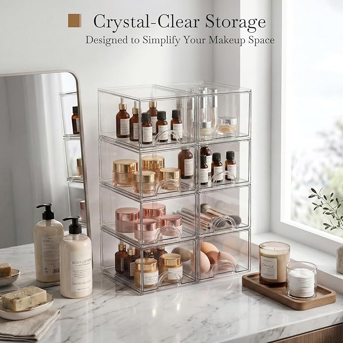 8 Pack Small Clear Stackable Acrylic Storage Boxes for Art Tool & Sketch, Storage Drawers, Storage Organizer, Clear Plastic Makeup Organizer, Ideal for Vanity, Cabinet, Desk Organization