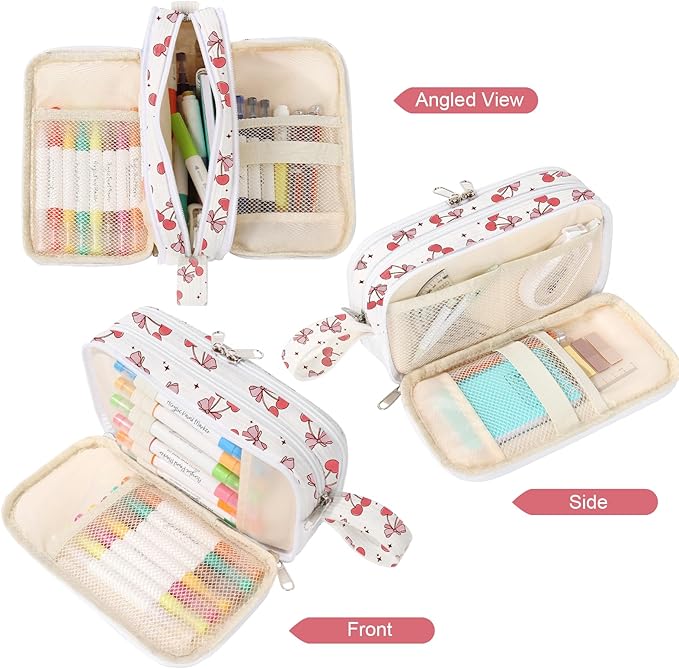 BuyCard Large Capacity Pencil Case, White With Pink Cherry Pattern, Corduroy Pencil Bag with Zipper Closure, Graduation Gift Office Stationery Storage Pen Pouch for Classroom Teacher